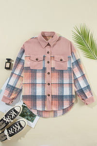 Light Pink Plaid Corduroy Patchwork Chest Pocket Shacket