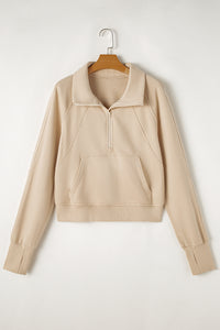 Parchment Fleece Lined Zip Up Stand Collar Thumbhole Sleeve Sweatshirt