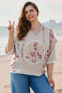 Khaki V Neck Floral Peace Sign Graphic Lace Patch Ribbed Plus Size Hooded Top