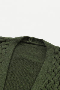 Green Open Front Woven Texture Knitted Cardigan with Pockets