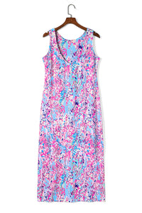 Purple Abstract Floral Print Sleeveless Maxi Dress