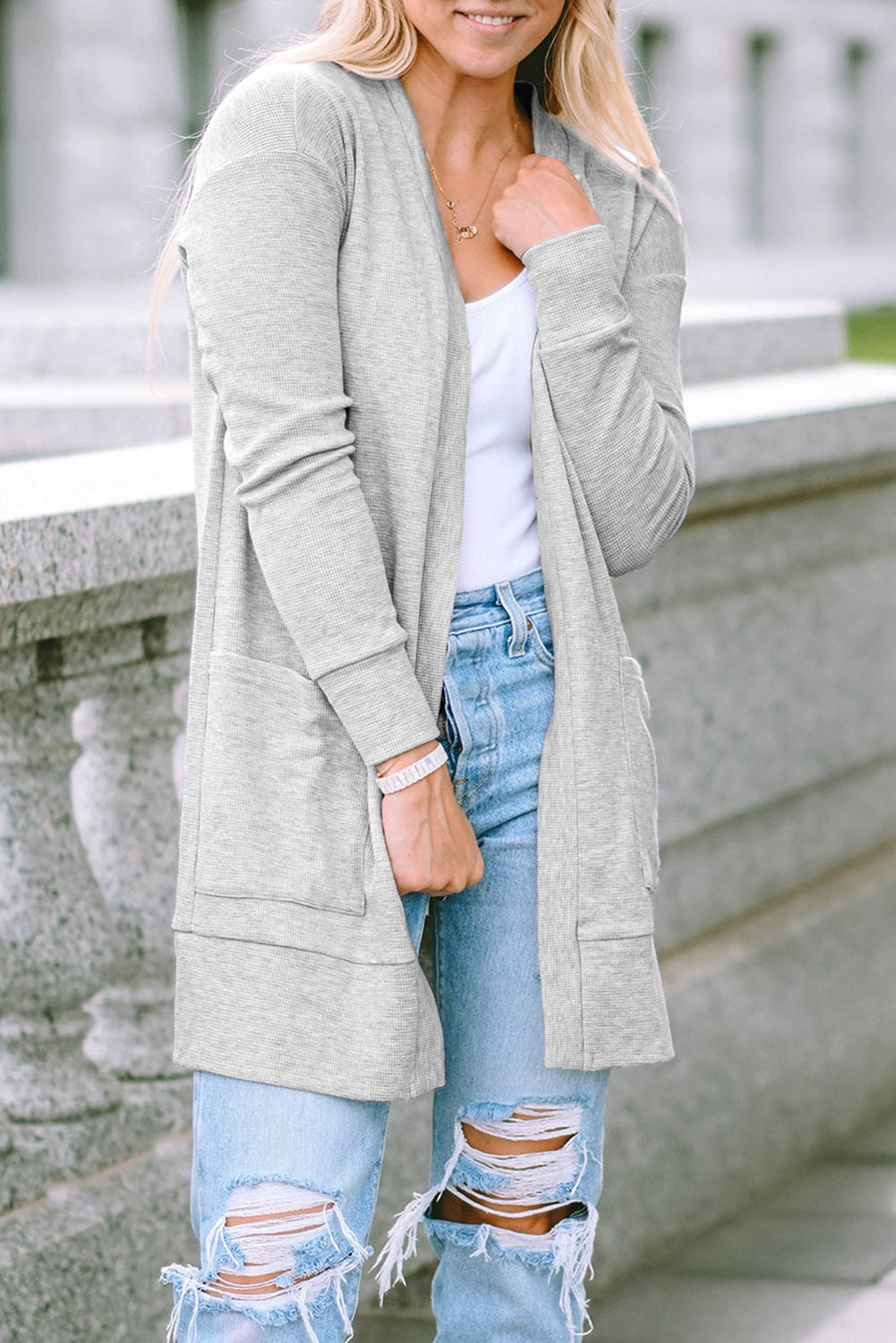 Beige Thermal Knit Pocketed Cardigan