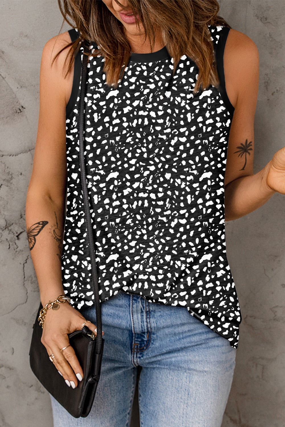Black Leopard Print Round Neck Tank Top