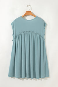Canton Corded Knit Textured Patched Pocket Frilled Swing Mini Dress with Pockets