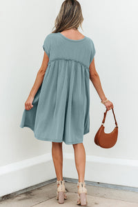 Canton Corded Knit Textured Patched Pocket Frilled Swing Mini Dress with Pockets