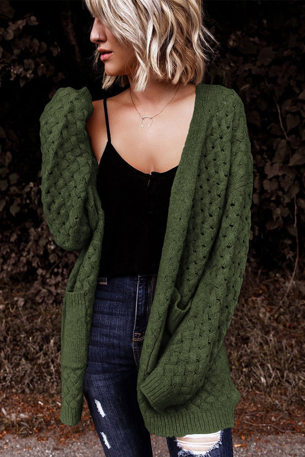 Green Open Front Woven Texture Knitted Cardigan with Pockets