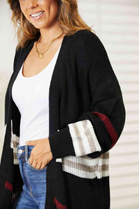 ITEM MUST SHIP Double Take Striped Rib-Knit Drop Shoulder Open Front Cardigan