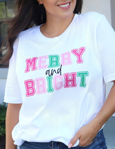 MUST SHIP MERRY & BRIGHT PINK TEE (BELLA CANVAS)