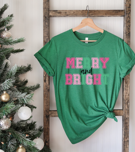 MUST SHIP MERRY & BRIGHT PINK TEE (BELLA CANVAS)
