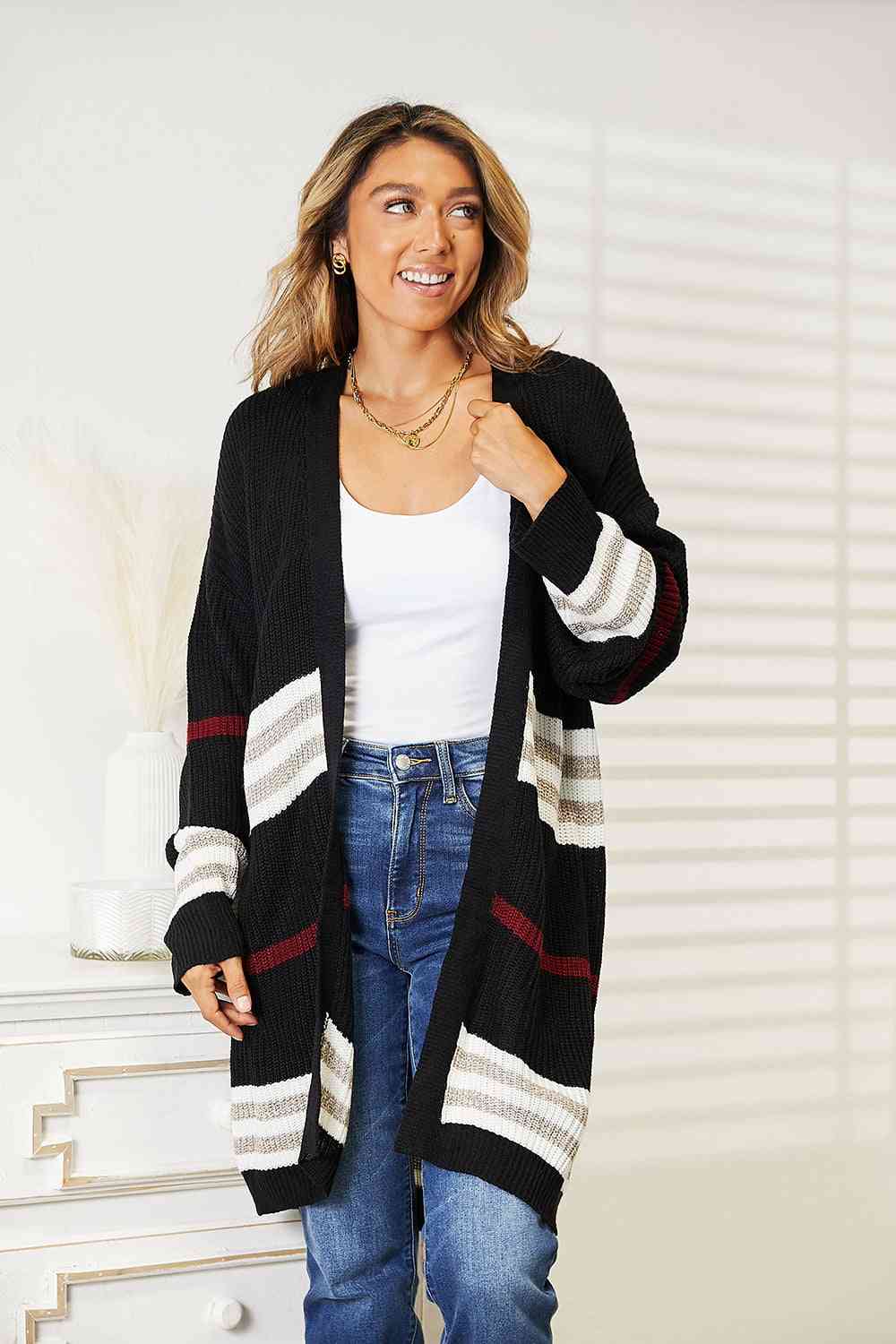 ITEM MUST SHIP Double Take Striped Rib-Knit Drop Shoulder Open Front Cardigan