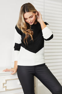 Double Take Two-Tone Openwork Rib-Knit Sweater ONLINE ONLY ITEM MUST SHIP