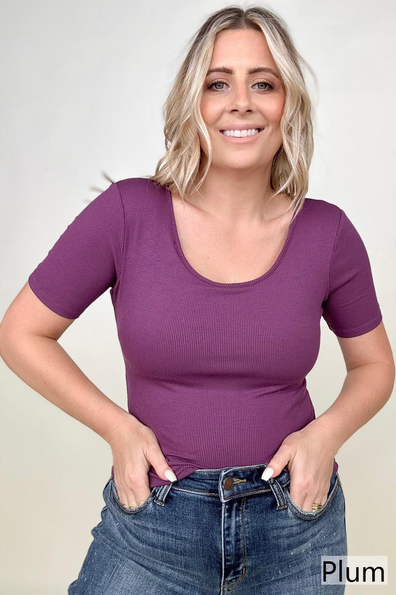 ITEM MUST SHIP New Colors! - Fawnfit Basic Ribbed Fitted Tee with Built In Bra